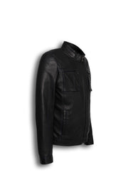 Arven Men's Black genuine leather utility jacket with stand collar and multiple pockets