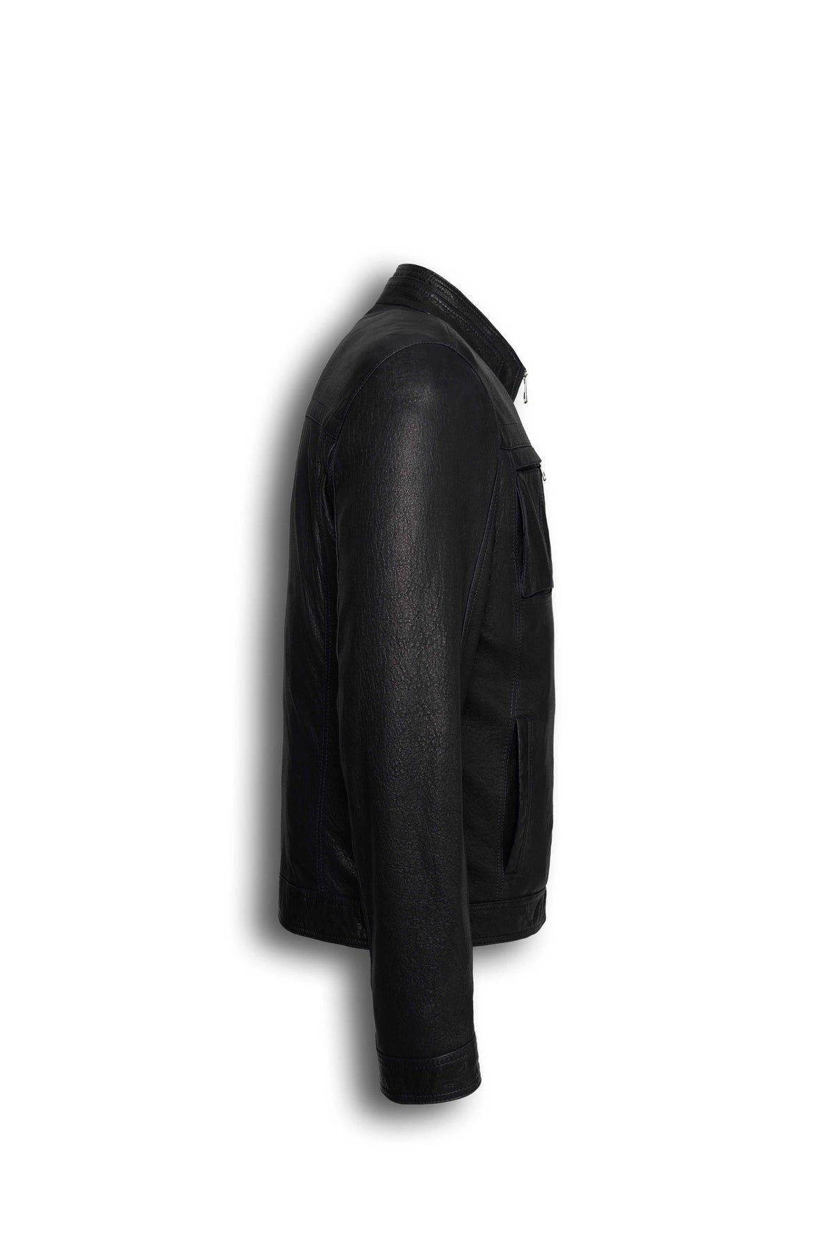 Arven Men's Black genuine leather utility jacket with stand collar and multiple pockets