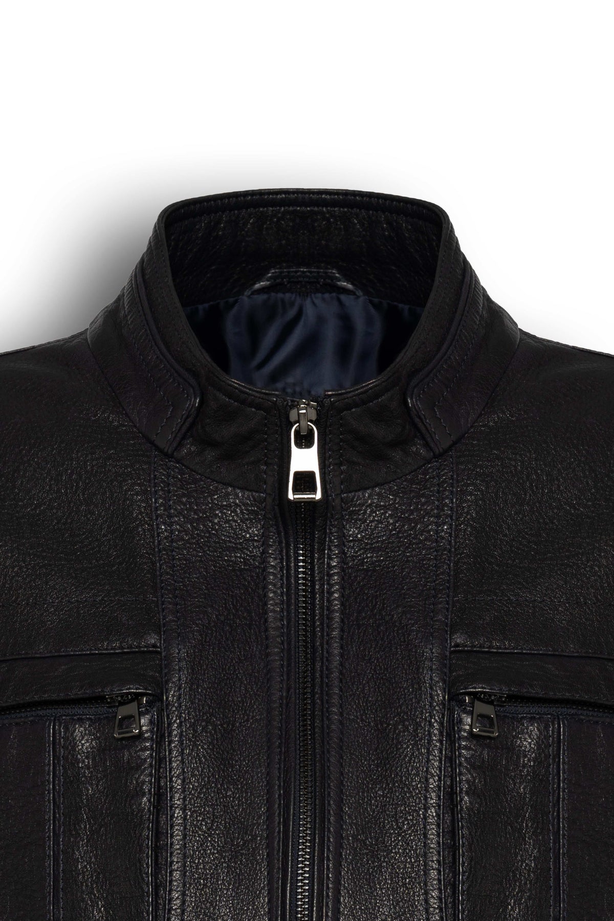 Arven Men's Black genuine leather utility jacket with stand collar and multiple pockets