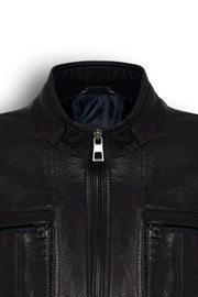 Arven Men's Black genuine leather utility jacket with stand collar and multiple pockets