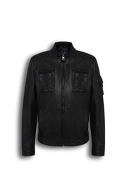 Arven Men's Black genuine leather utility jacket with stand collar and multiple pockets
