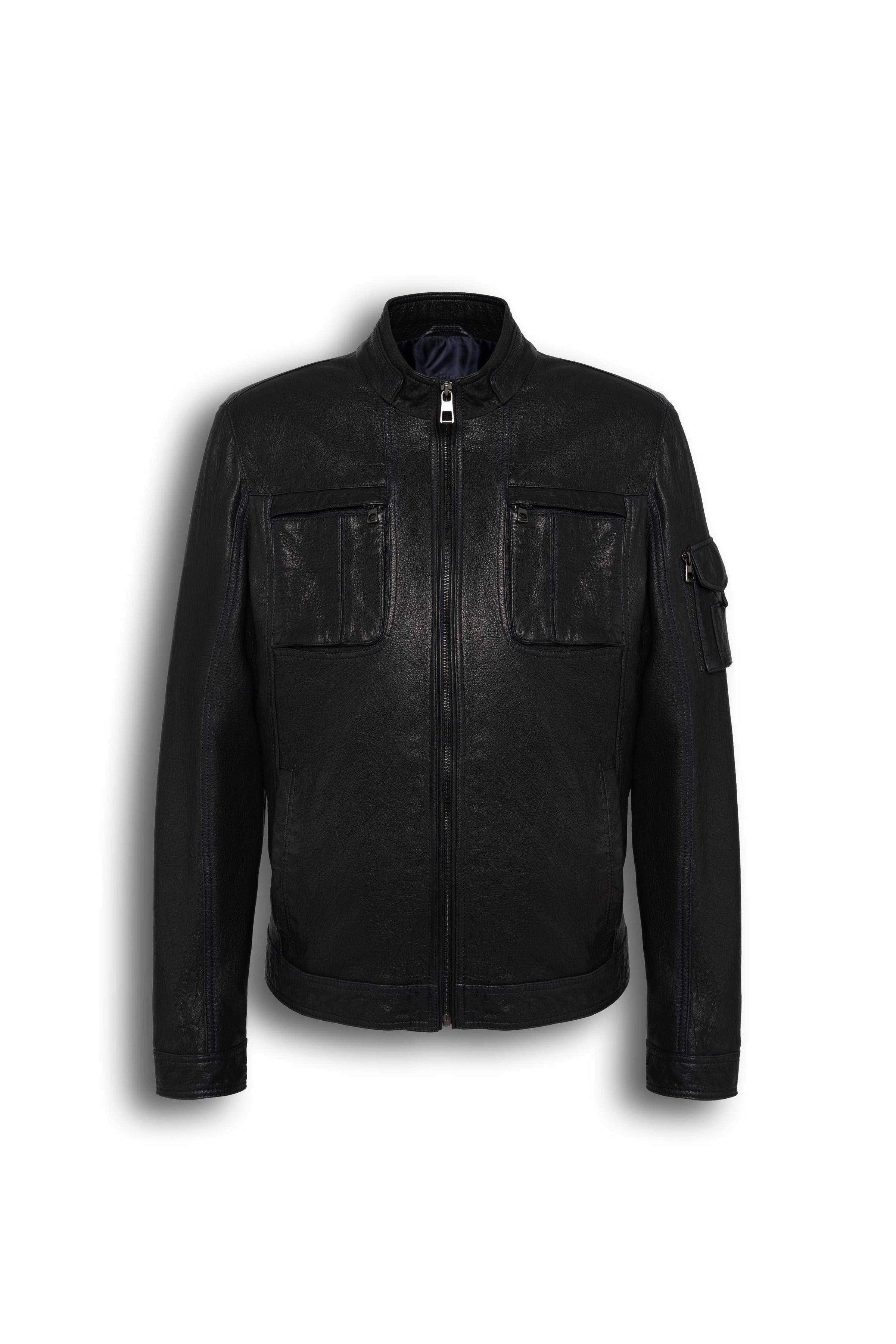 Arven Men's Black genuine leather utility jacket with stand collar and multiple pockets