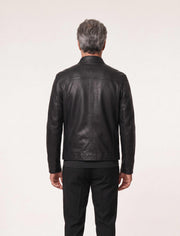 Arven Men's Black genuine leather utility jacket with stand collar and multiple pockets