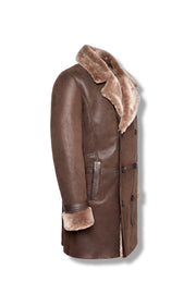 Aspen Brown Shearling Coat double-breasted leather jacket with oversized lapel and tailored fit for winter luxury