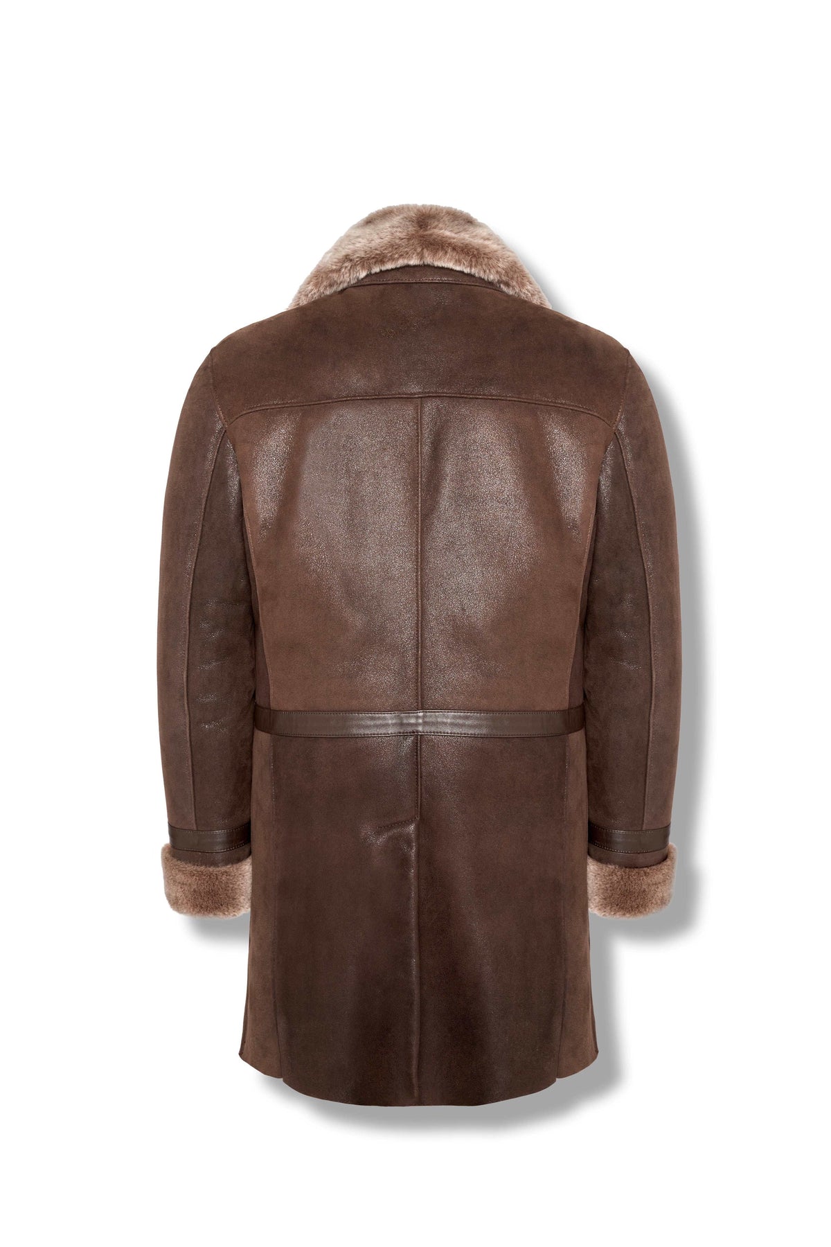 Men's Aspen Brown Shearling Coat with double-breasted front and oversized lapel, handcrafted from premium leather and soft shearling for winter warmth and timeless style