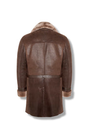 Men's Aspen Brown Shearling Coat with double-breasted front and oversized lapel, handcrafted from premium leather and soft shearling for winter warmth and timeless style