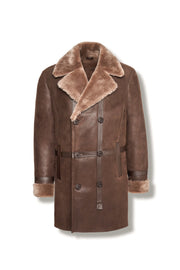 Men's Aspen Brown Shearling Coat with oversized lapel and double-breasted front, handcrafted from premium leather and shearling for winter warmth and style