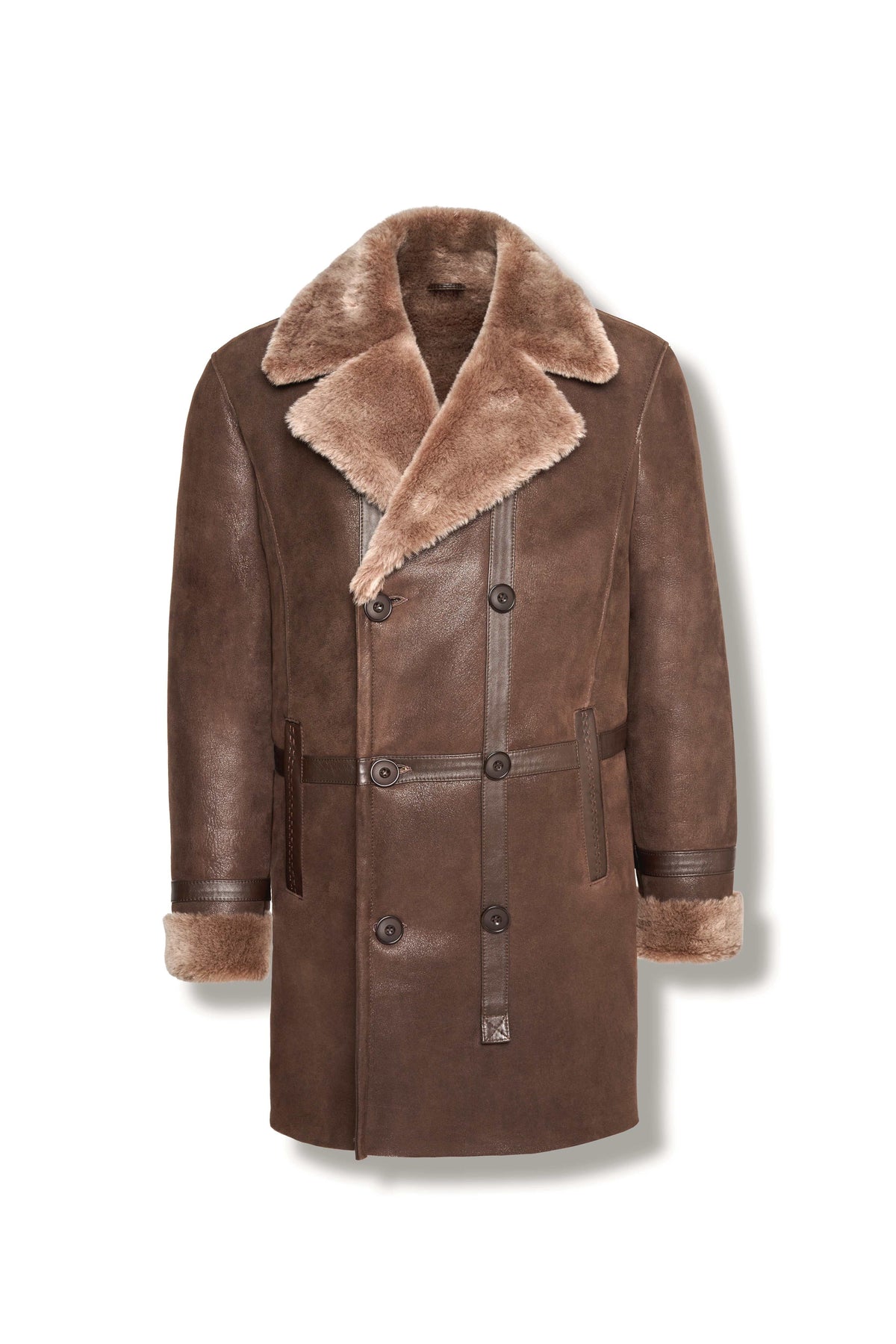Men's Aspen Brown Shearling Coat with oversized lapel and double-breasted front, handcrafted from premium leather and shearling for winter warmth and style