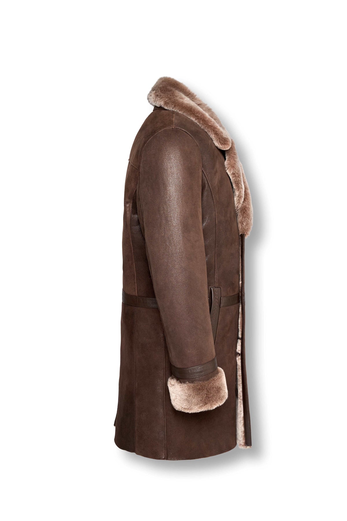 Men's Aspen Brown Shearling Coat with double-breasted front and oversized lapel, handcrafted leather winter coat