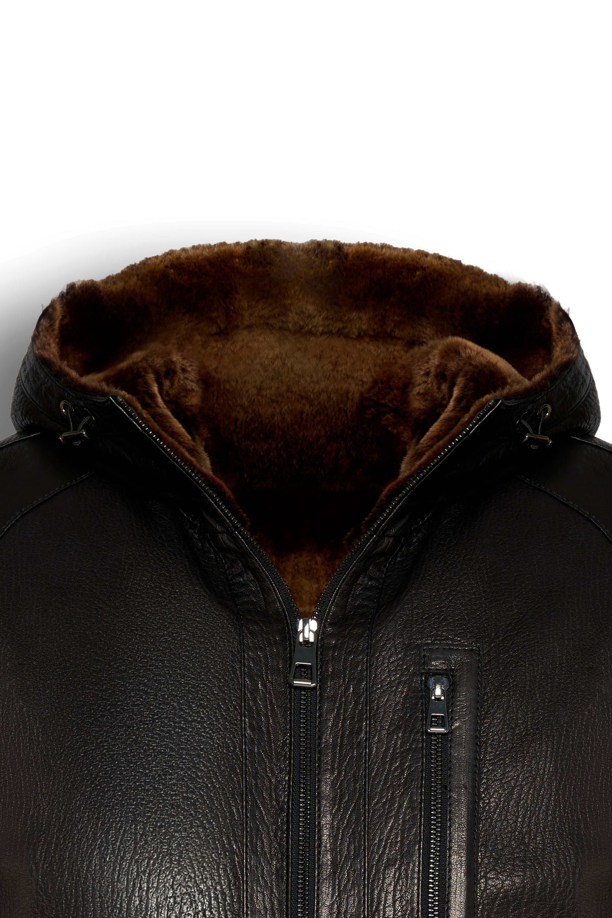 Aspen Hooded Shearling Leather Jacket in espresso brown with full shearling lining and leather hood