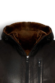 Aspen Hooded Shearling Leather Jacket in espresso brown with full shearling lining and leather hood