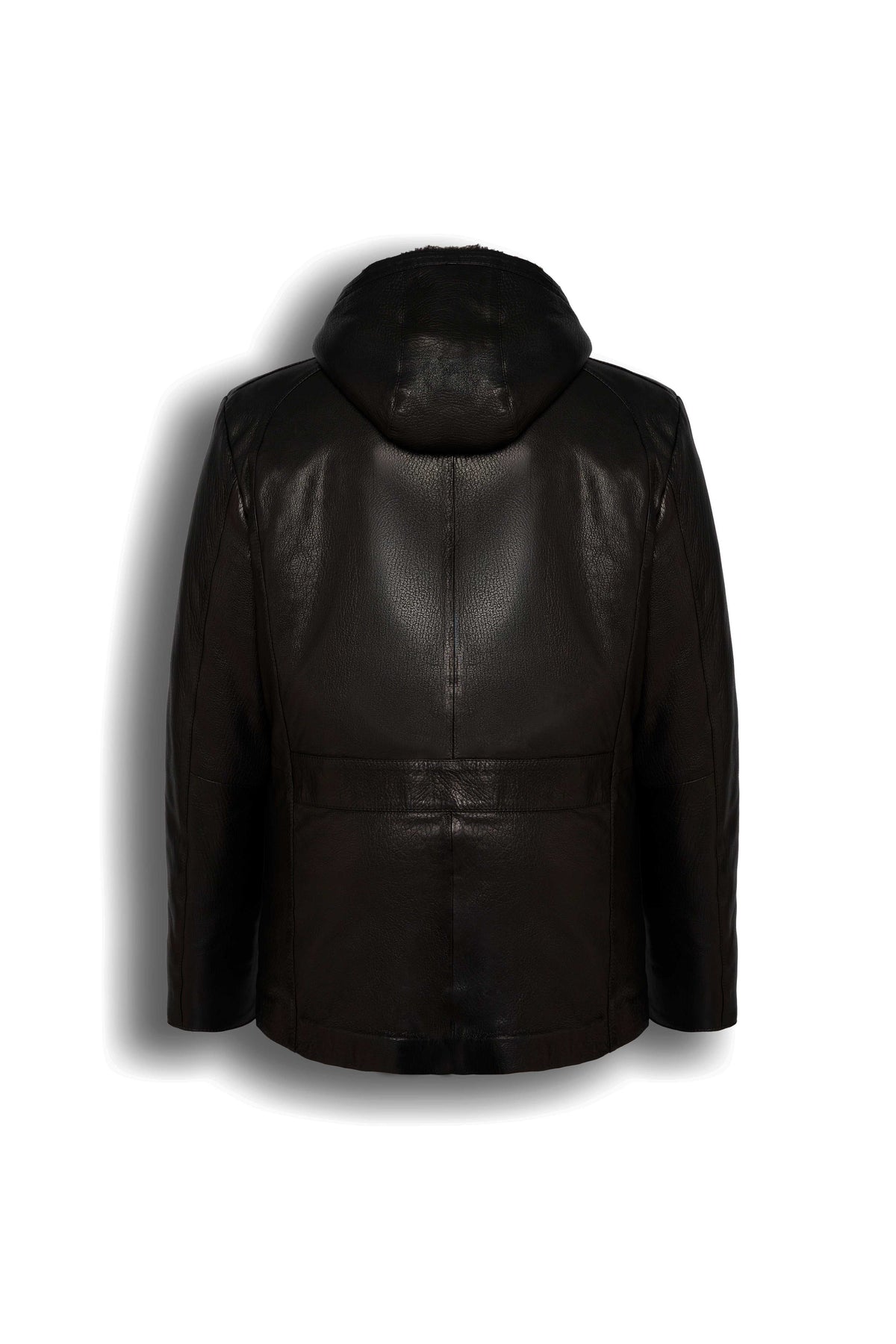 Aspen Hooded Shearling Leather Jacket in espresso brown with shearling lining and leather hood