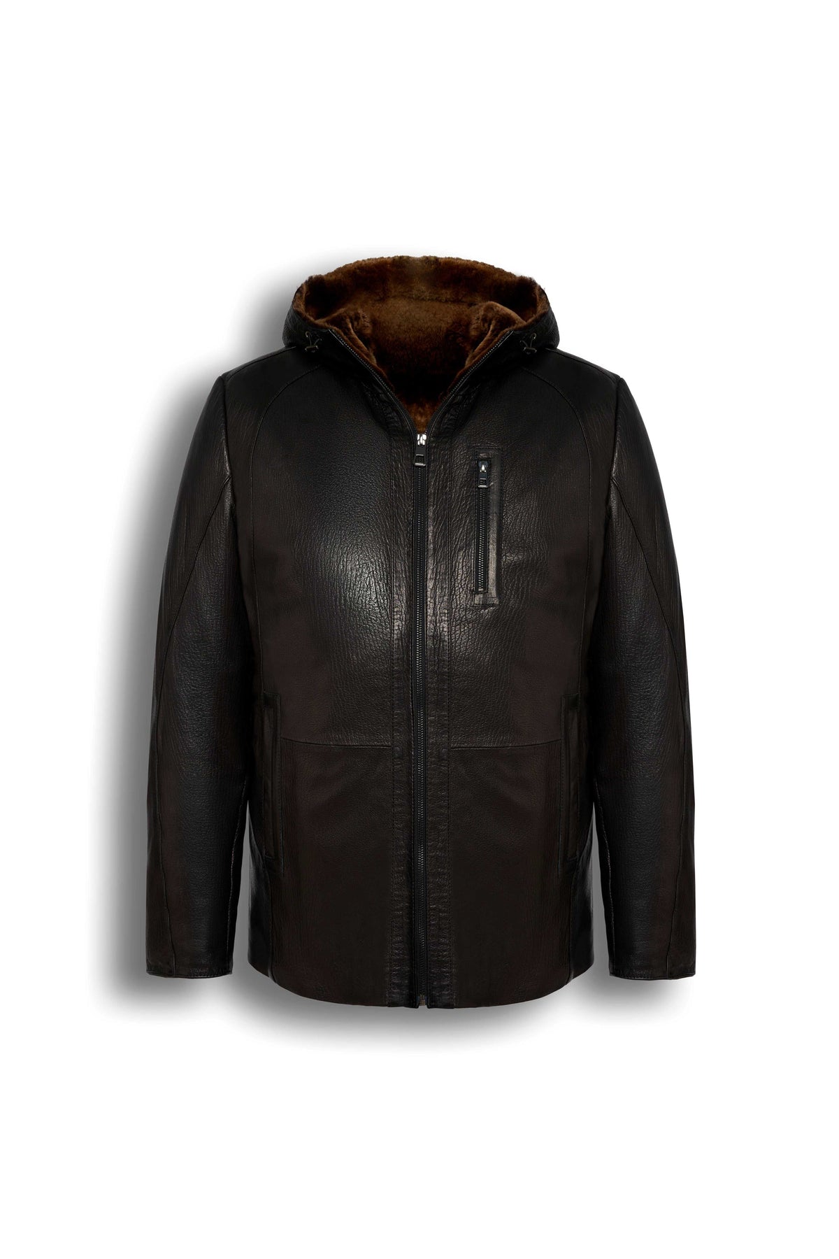 Aspen Hooded Shearling Leather Jacket in espresso brown with full shearling lining and leather hood