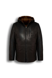 Aspen Hooded Shearling Leather Jacket in espresso brown with full shearling lining and leather hood