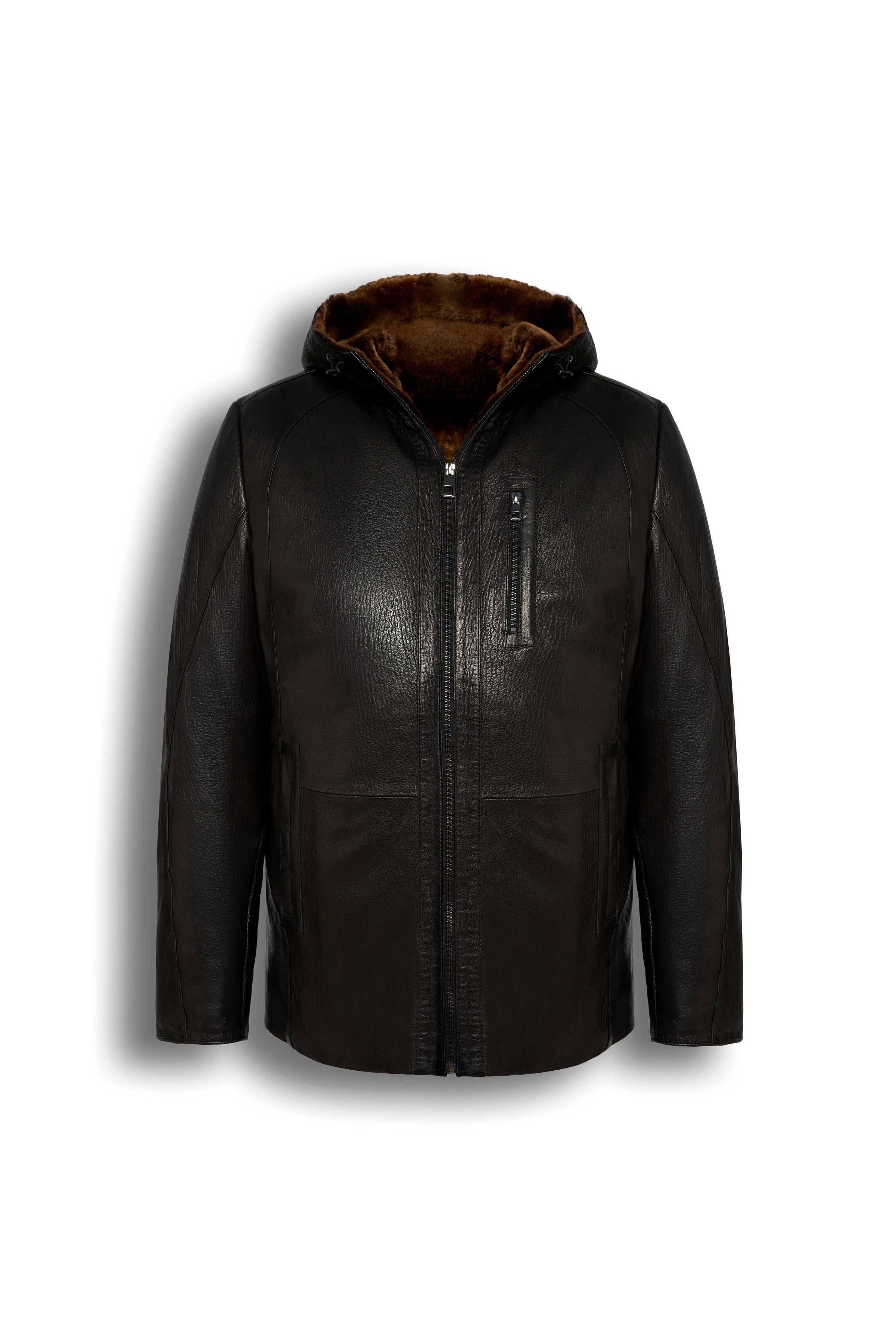 Aspen Hooded Shearling Leather Jacket in espresso brown with full shearling lining and leather hood