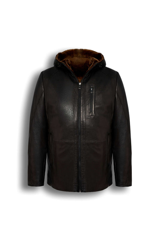 Aspen Hooded Shearling Leather Jacket in espresso brown with full shearling lining and leather hood