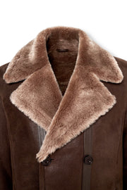 Men's Aspen brown shearling coat with oversized lapel and double-breasted front, handcrafted leather winter jacket