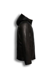 Aspen Hooded Shearling Leather Jacket in espresso brown with full shearling lining and leather hood