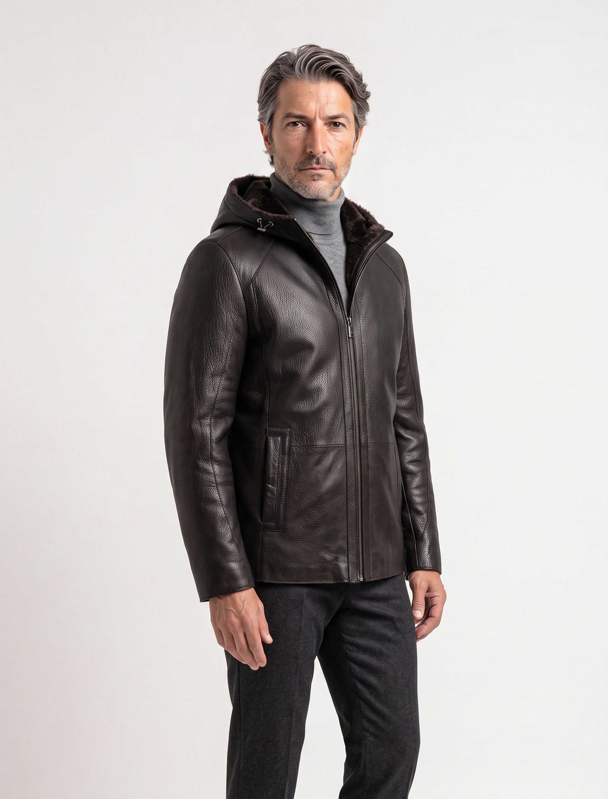Aspen Hooded Shearling Leather Jacket in espresso brown with hood and shearling lining