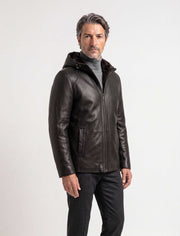 Aspen Hooded Shearling Leather Jacket in espresso brown with hood and shearling lining