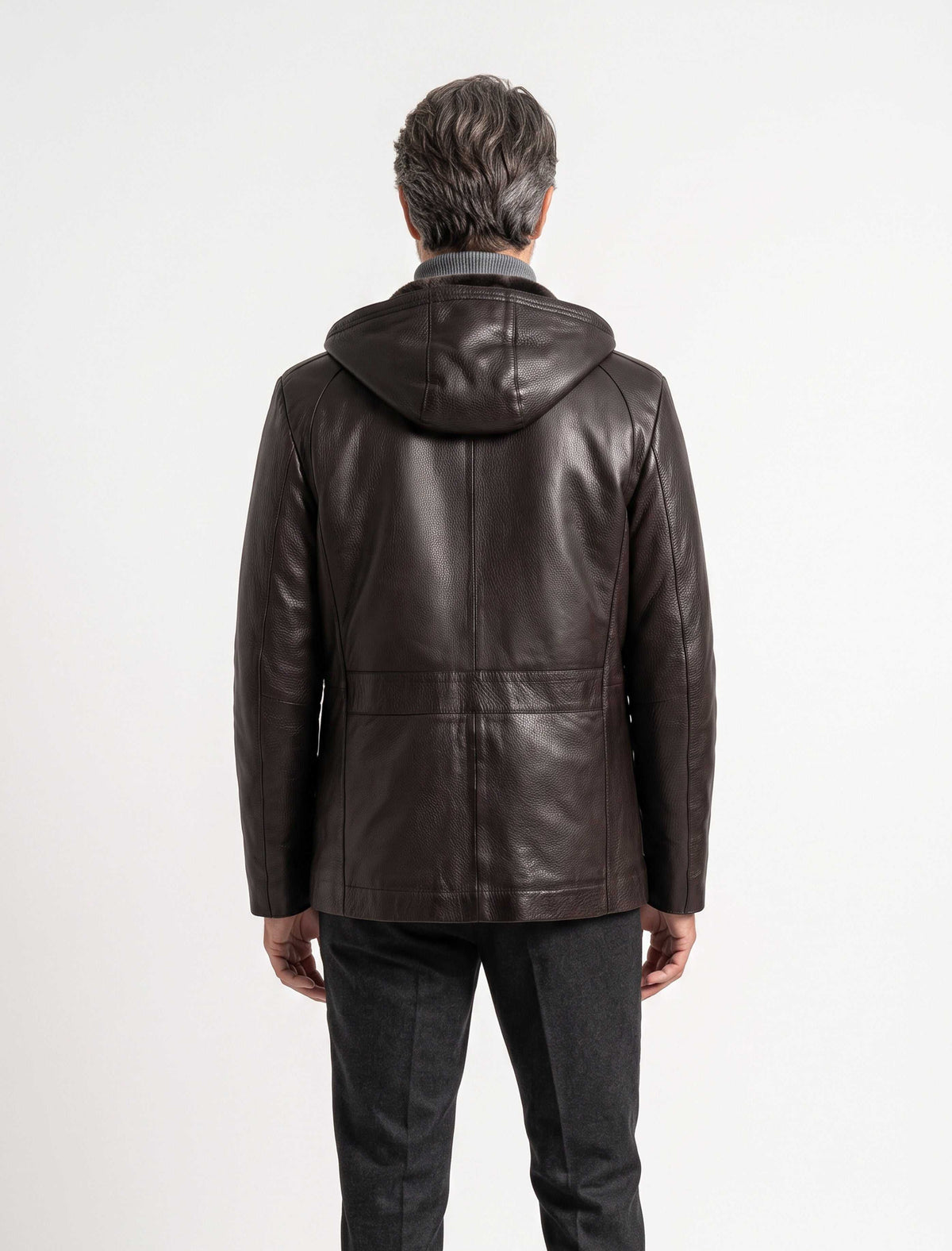 Aspen Hooded Shearling Leather Jacket in espresso brown with shearling lining and leather hood for winter warmth and style