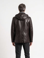 Aspen Hooded Shearling Leather Jacket in espresso brown with shearling lining and leather hood for winter warmth and style