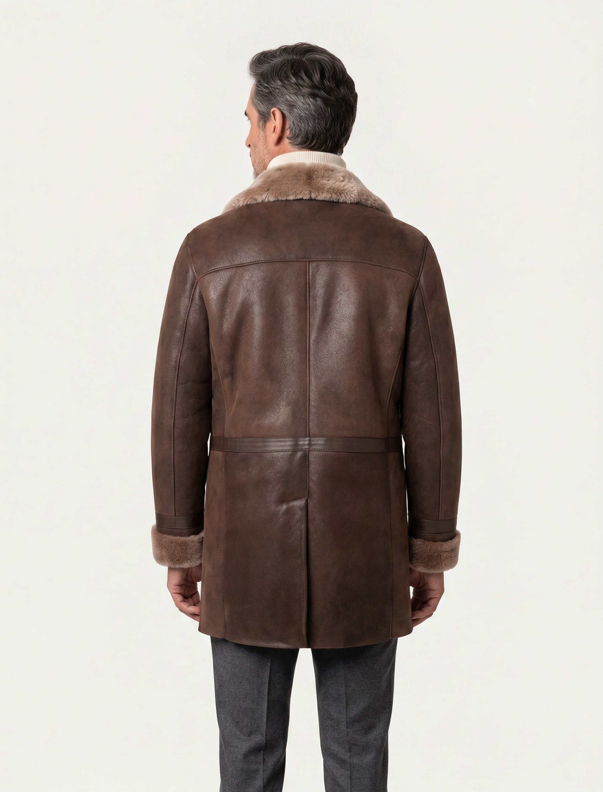 Men's Aspen brown shearling coat with double-breasted front and oversized lapel, made of premium leather and soft shearling lining for winter warmth and style