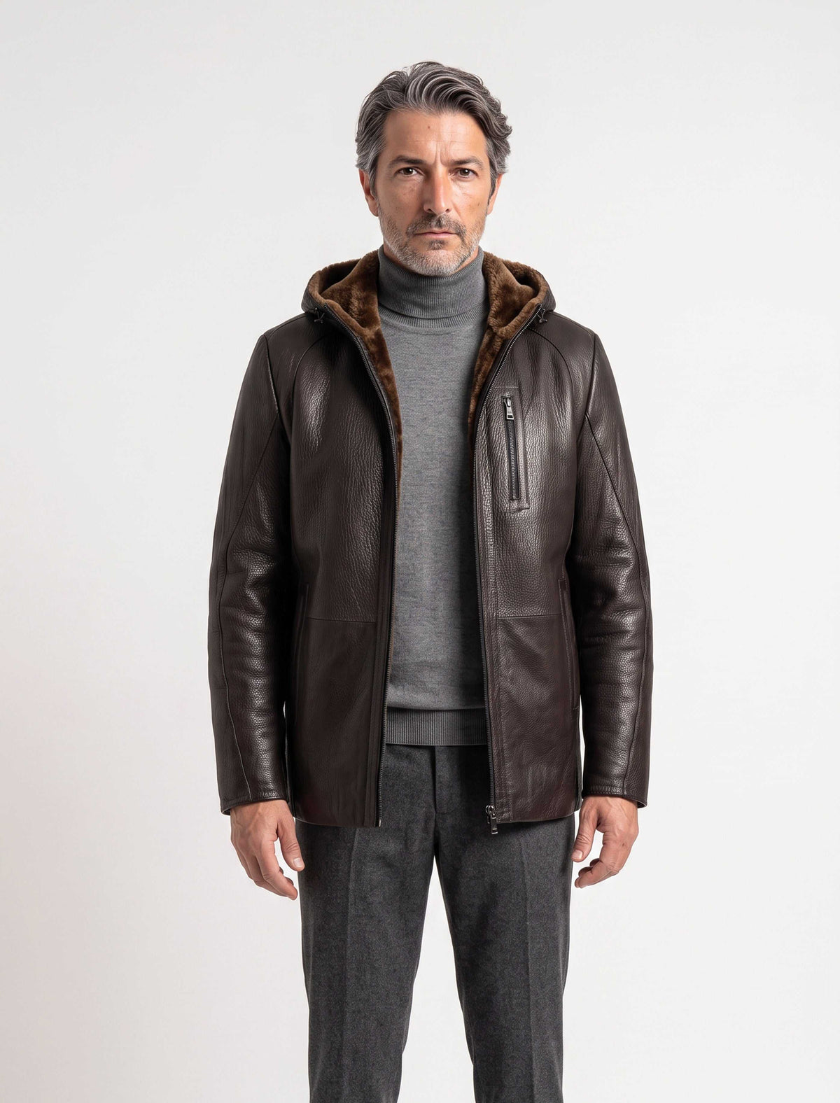 Aspen Hooded Shearling Leather Jacket in espresso brown with natural shearling lining and leather hood