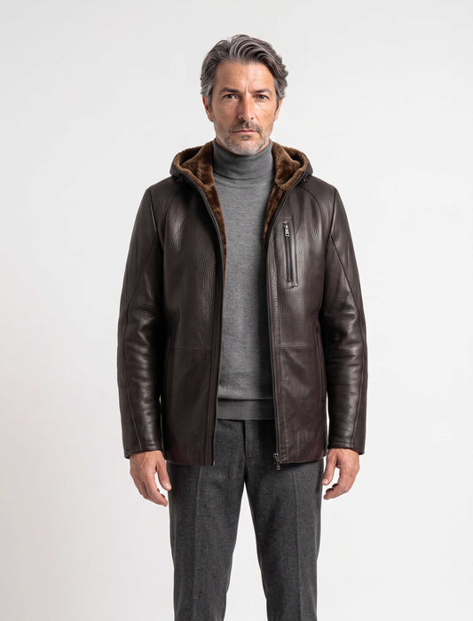 Aspen Hooded Shearling Leather Jacket in espresso brown with natural shearling lining and leather hood
