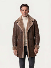 Aspen brown shearling coat with oversized lapel and double-breasted front for men winter luxury