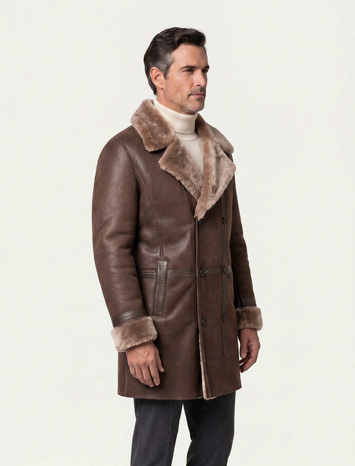 Men's Aspen Brown Shearling Coat with double-breasted front and oversized lapel for winter warmth and style