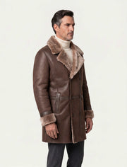 Men's Aspen Brown Shearling Coat with double-breasted front and oversized lapel for winter warmth and style