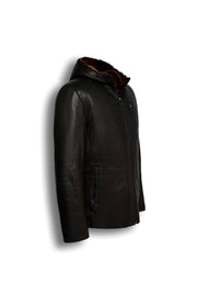 Espresso brown Aspen Hooded Shearling Leather Jacket with full natural shearling lining and leather hood