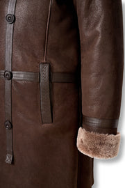 Men's Aspen Brown Shearling Coat with double-breasted front and oversized lapel for winter luxury