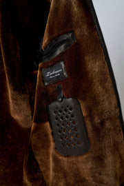 Aspen Hooded Shearling Leather Jacket in espresso brown with full shearling lining and leather hood