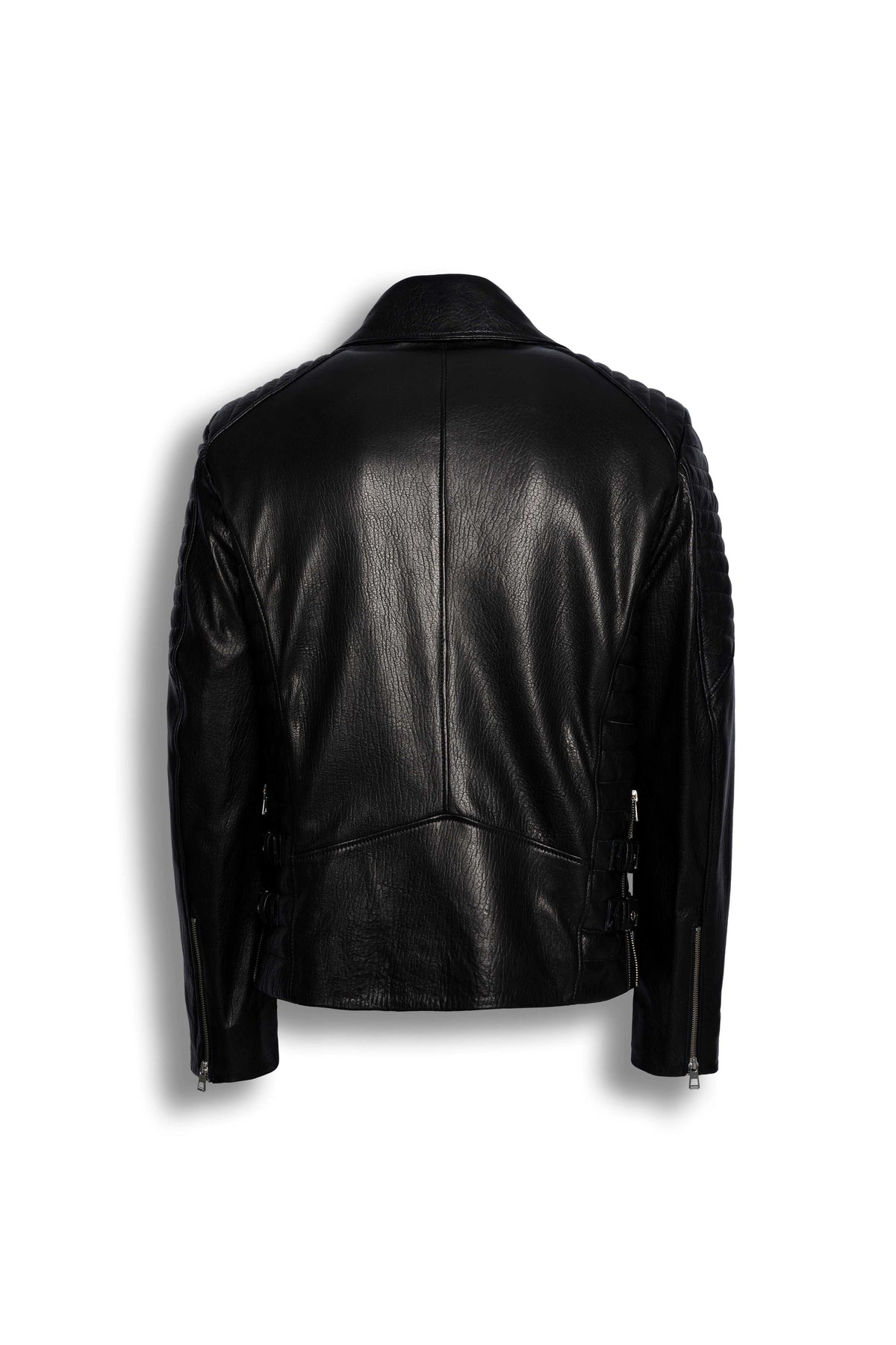 Zalvaro Atlas Black Biker Leather Jacket with asymmetrical zipper and quilted shoulders, crafted from premium genuine leather.