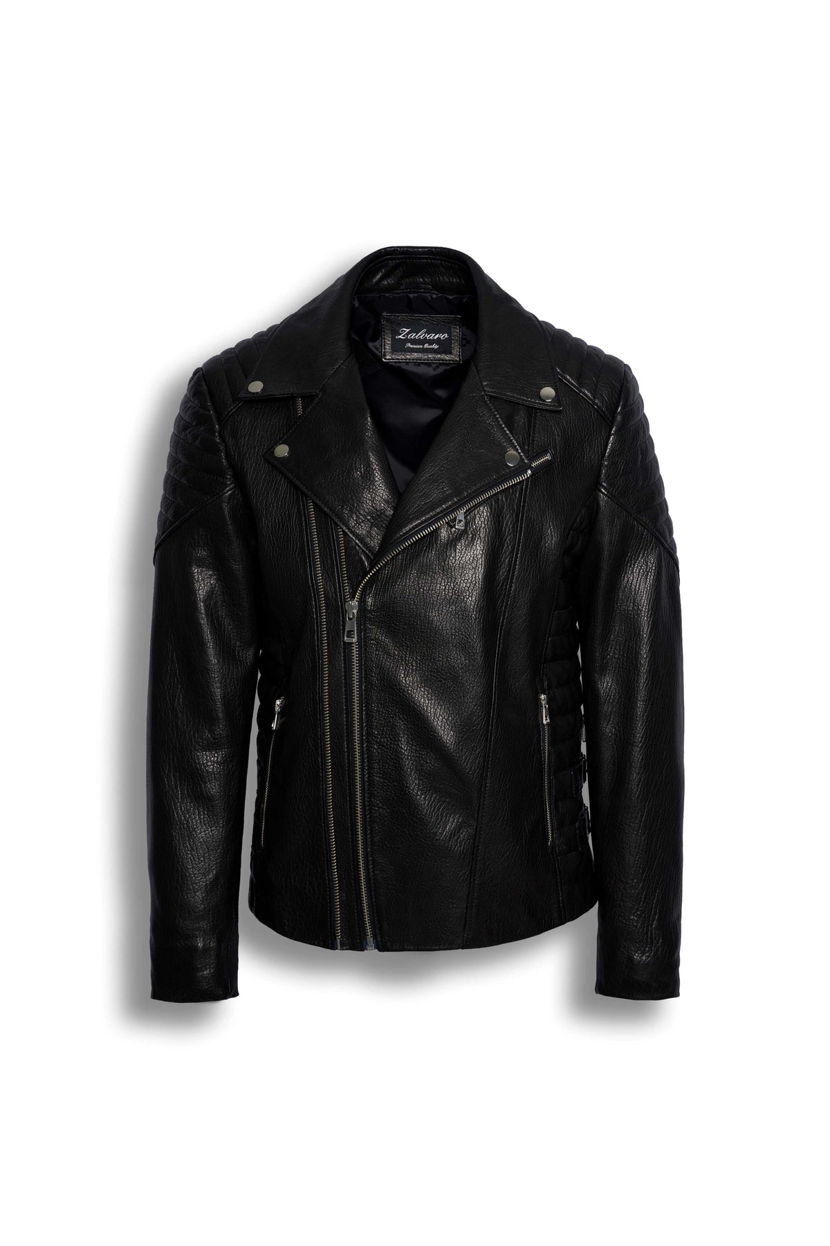 Zalvaro Atlas Black Biker Leather Jacket with asymmetrical zipper and quilted shoulders for men