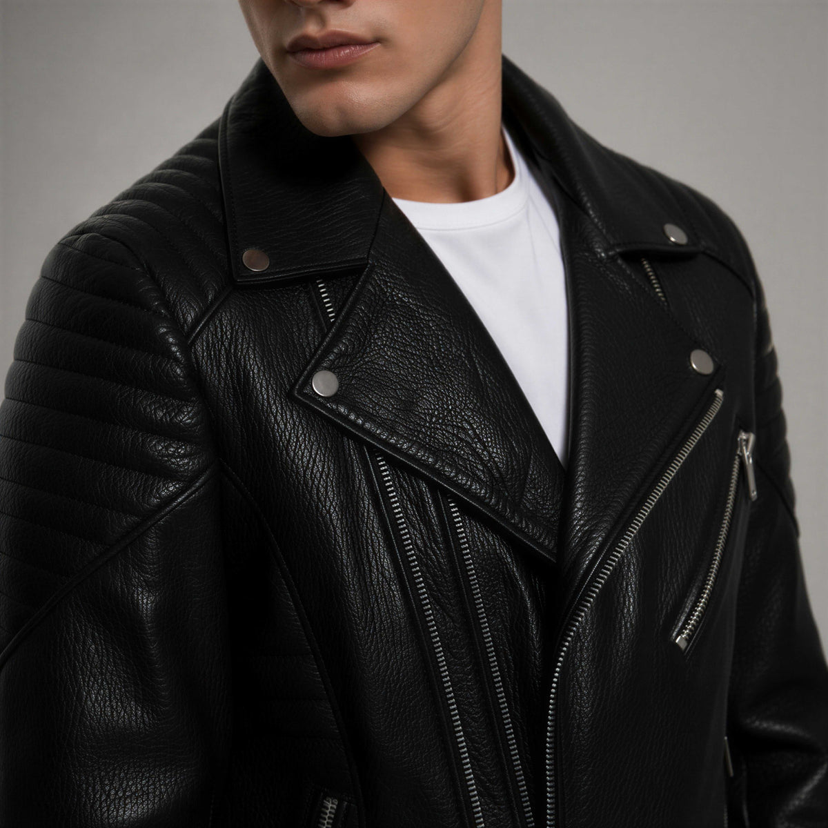 Zalvaro Atlas Black Biker Leather Jacket with asymmetrical zipper and quilted shoulders in premium black leather
