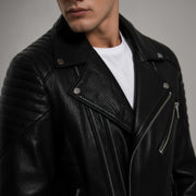 Zalvaro Atlas Black Biker Leather Jacket with asymmetrical zipper and quilted shoulders in premium black leather