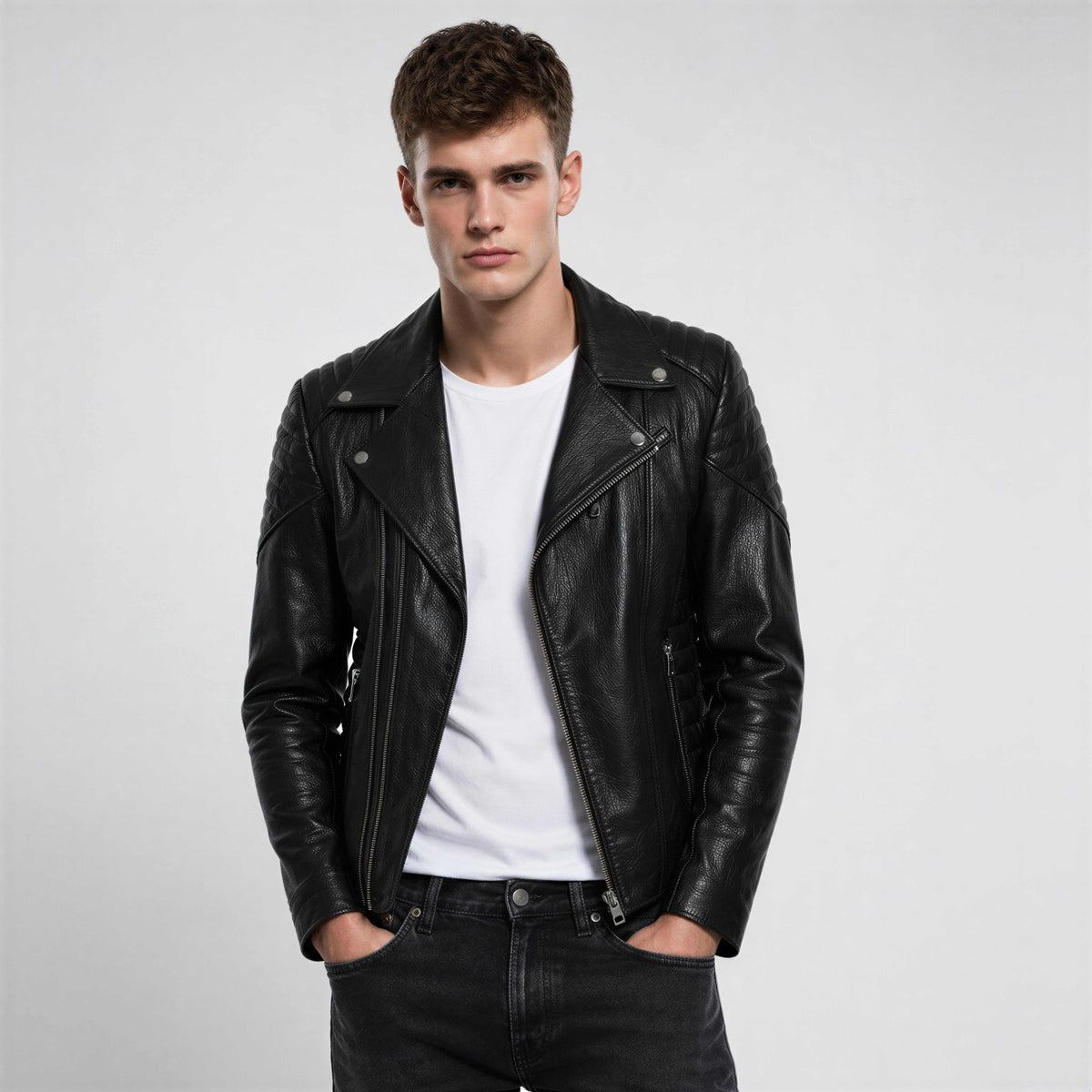 Zalvaro Atlas black biker leather jacket with asymmetrical zipper and quilted shoulders for men