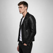 Zalvaro Atlas Black Biker Leather Jacket with asymmetrical zipper and quilted shoulders, made from premium genuine leather.
