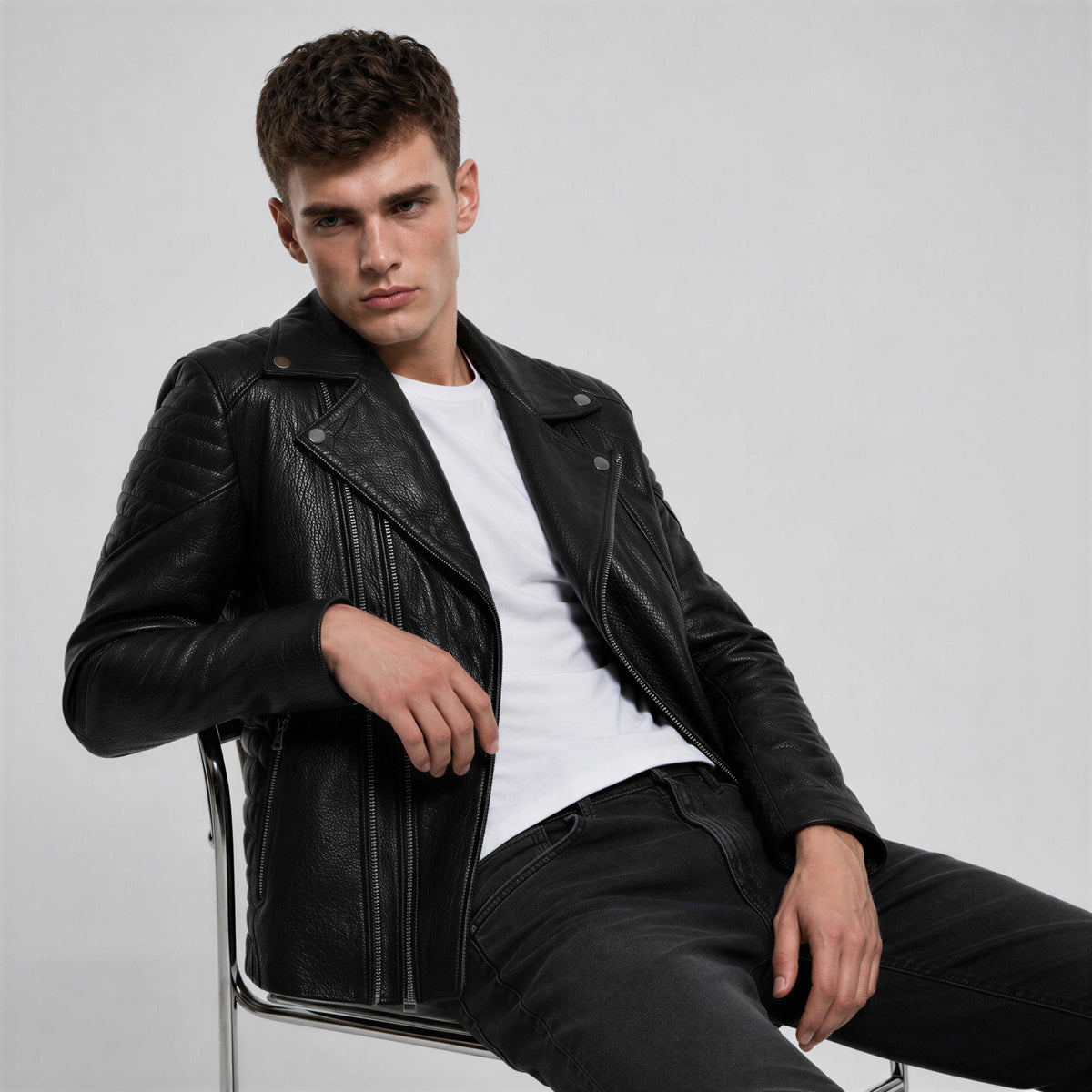 Zalvaro Atlas Black Biker Leather Jacket with asymmetrical zipper and quilted shoulders, handcrafted premium leather biker style.