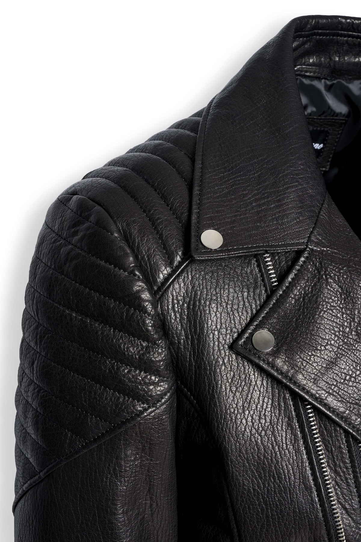 Zalvaro Atlas Black Biker Leather Jacket with asymmetrical zipper and quilted shoulders on a male model