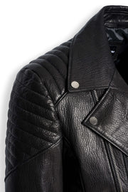 Zalvaro Atlas Black Biker Leather Jacket with asymmetrical zipper and quilted shoulders on a male model