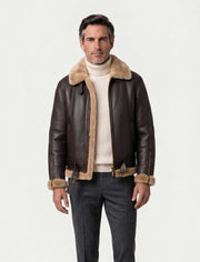 Heritage B3 dark brown shearling leather jacket with camel collar and heavy-duty zipper
