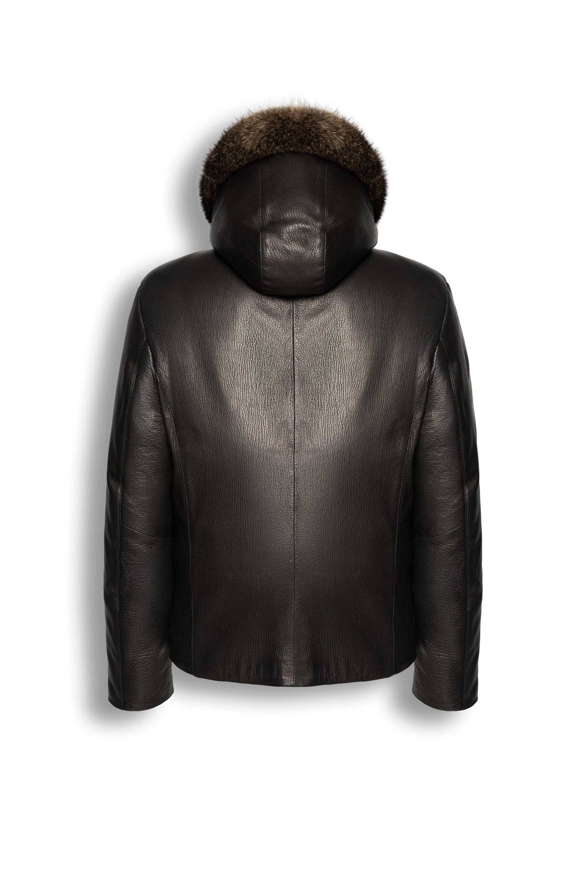 Heritage Hooded Shearling Leather Jacket in black with detachable fur-trim hood