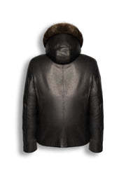 Heritage Hooded Shearling Leather Jacket in black with detachable fur-trim hood