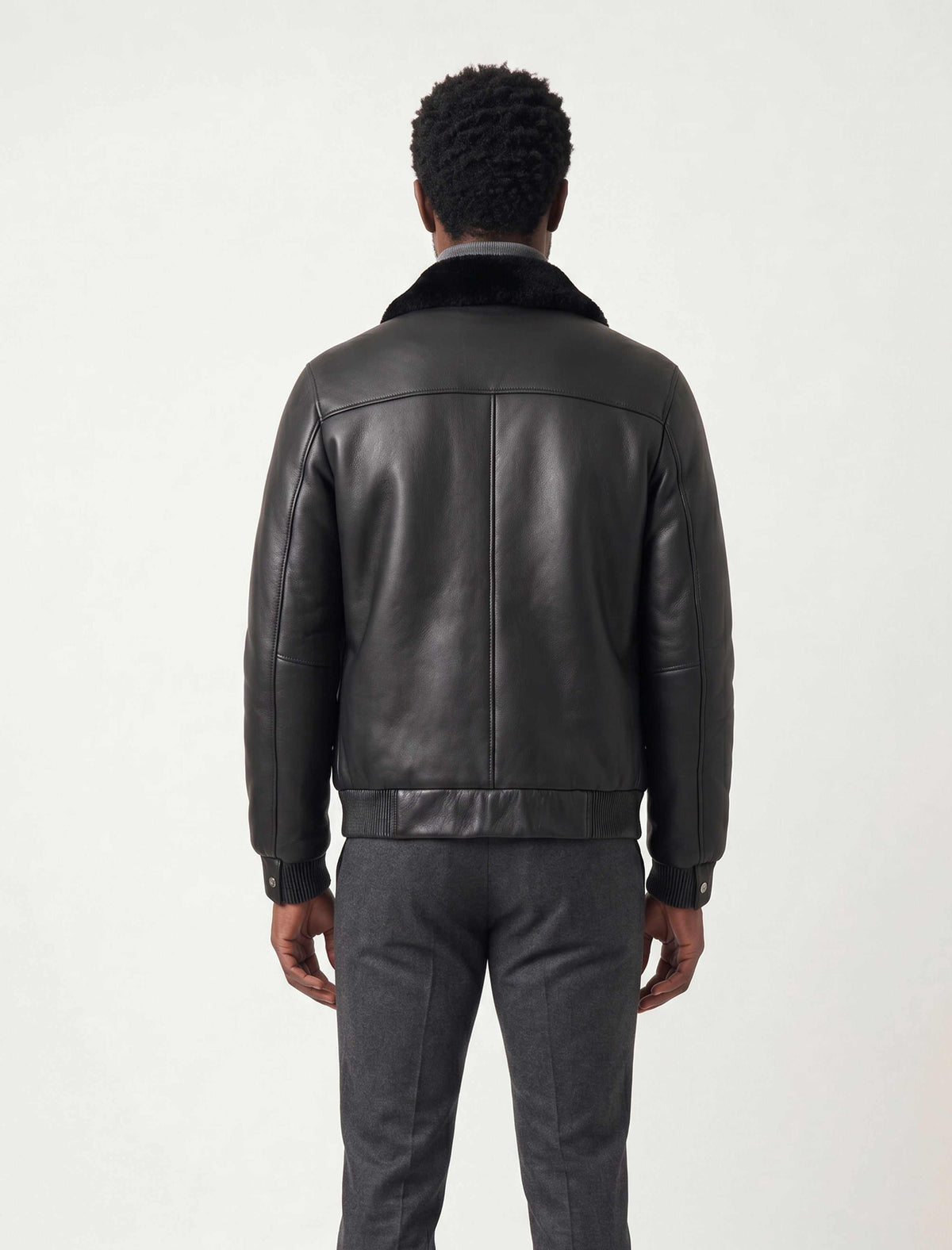 Zalvaro Noir Shearling Leather Bomber Jacket with soft shearling interior and refined collar