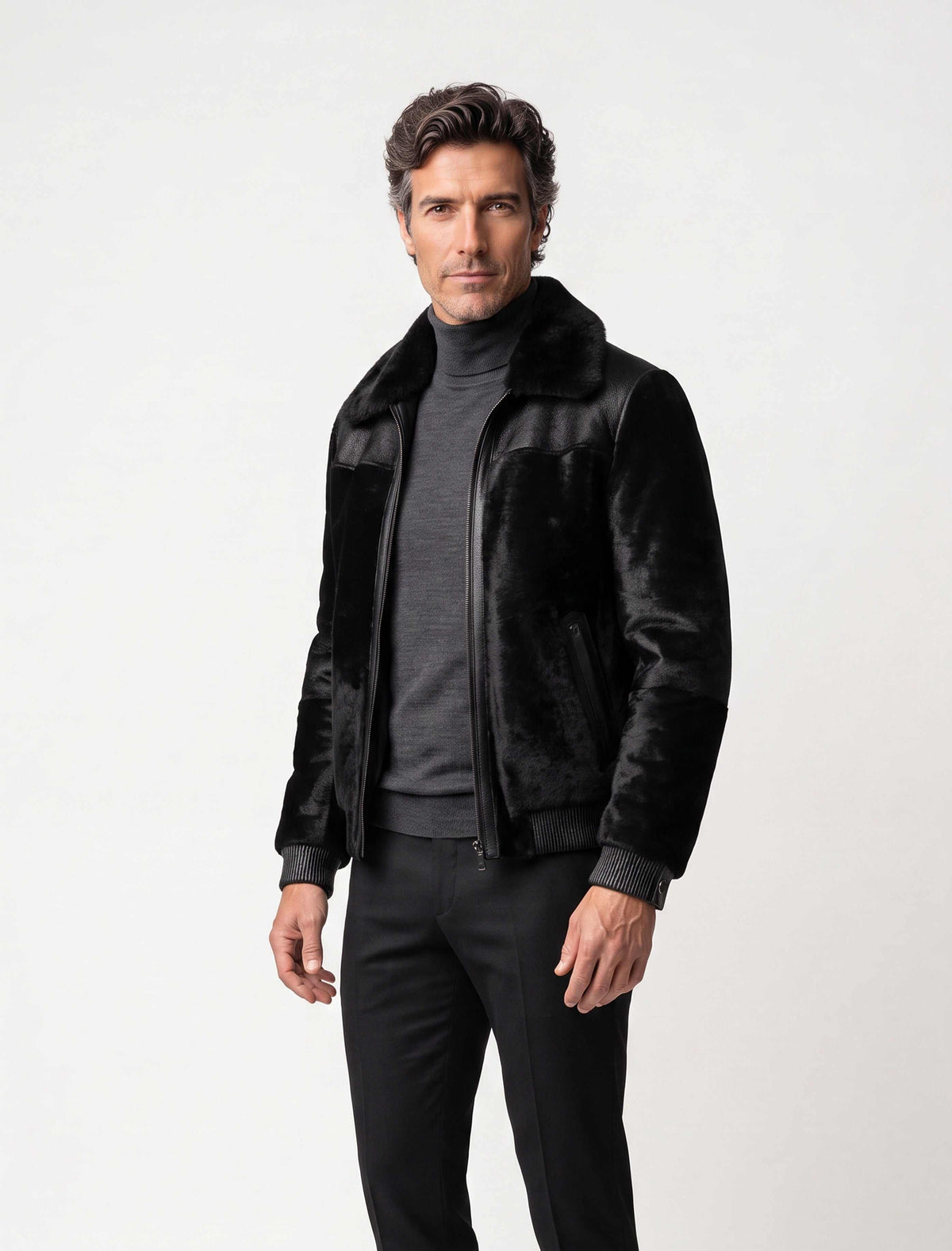 Black sheared fur bomber jacket with mink collar, handmade in Turkey