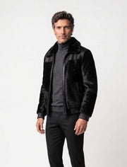 Black sheared fur bomber jacket with mink collar, handmade in Turkey